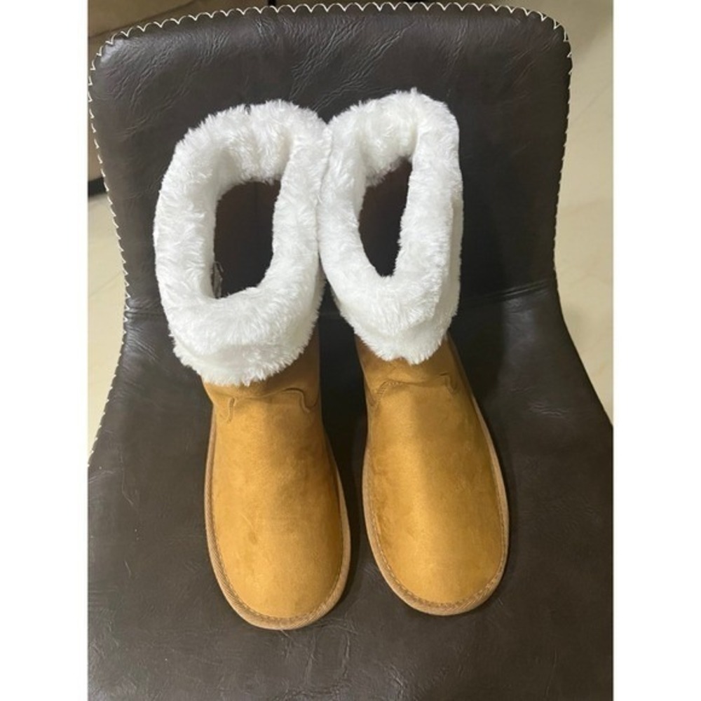 Ocean Coast‎ Faux Fur Trim Boots Women 8.5 Tan Good Bow Detail Mid Calf Winter